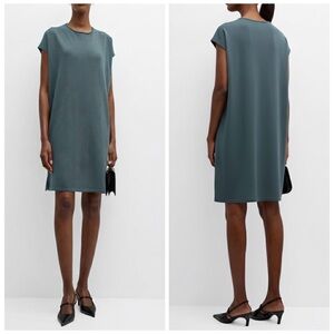 EILEEN FISHER NWT L Extra Fine Merino Washable Wool Crepe Dress in Blue Steel